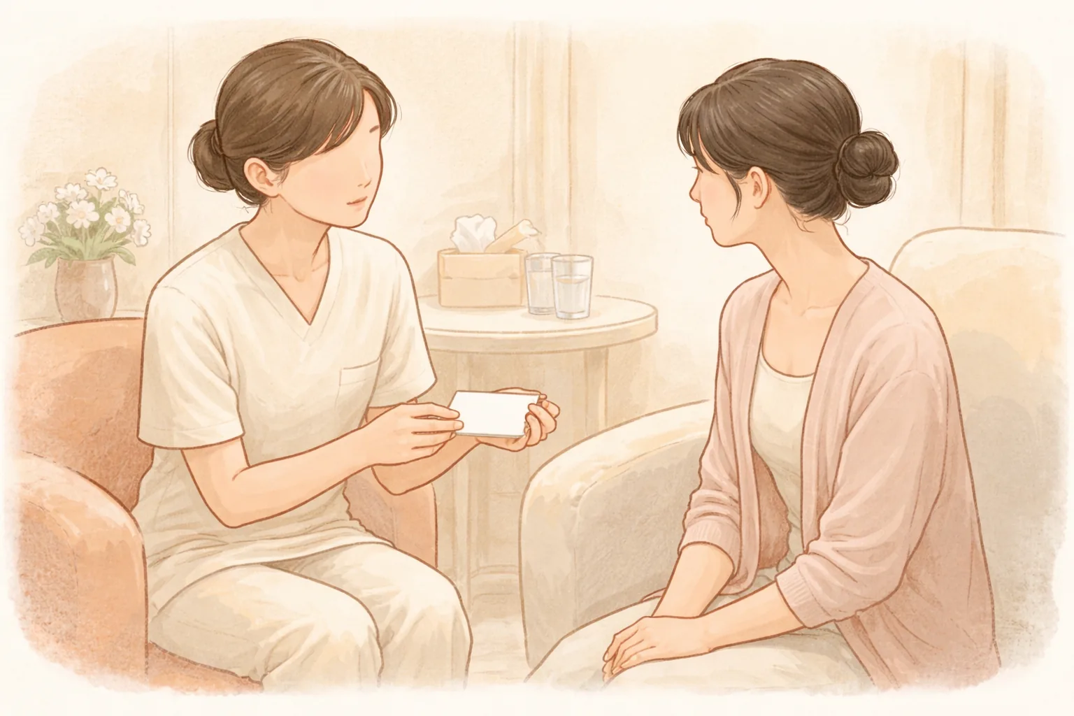 醫療人員遞出空白卡片並與女性交談