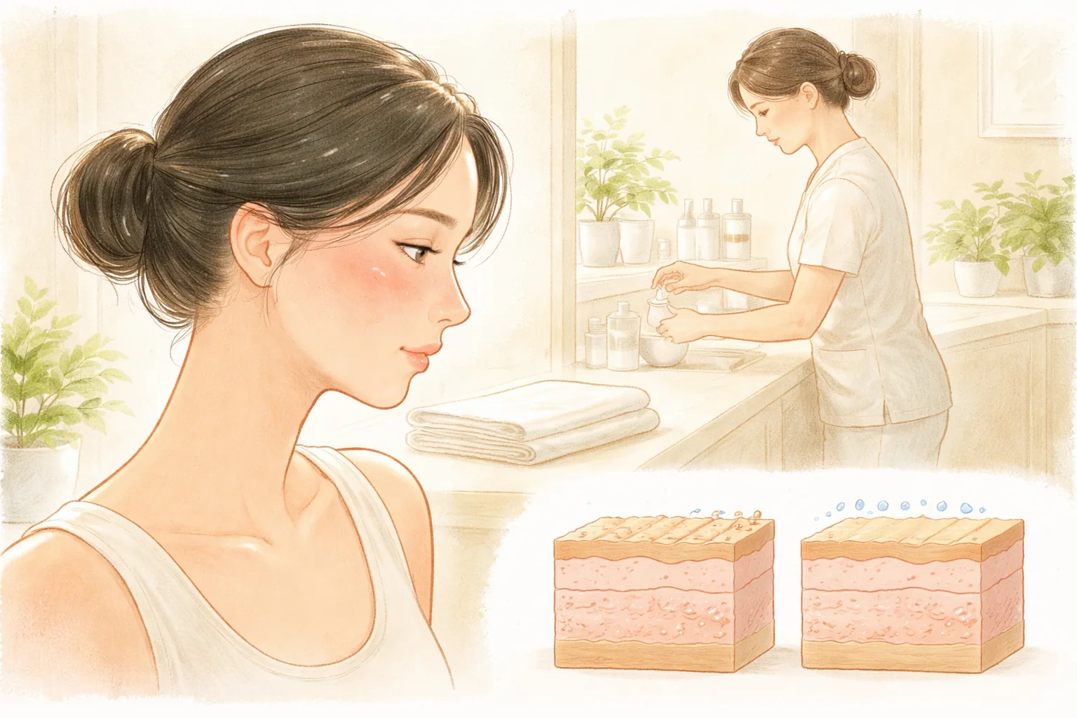 이마와 코에 윤기가 있고 옆으로 붉은 볼을 가진 여성 얼굴과 화장품을 사용하는 여성, 피부 단면 이미지 두 개