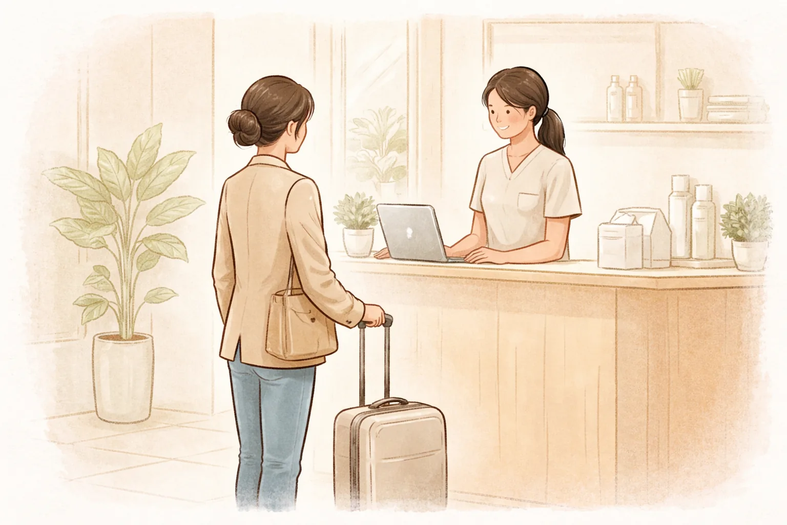キャリーケースを引きながら明るいロビーで話す女性患者とスタッフ
