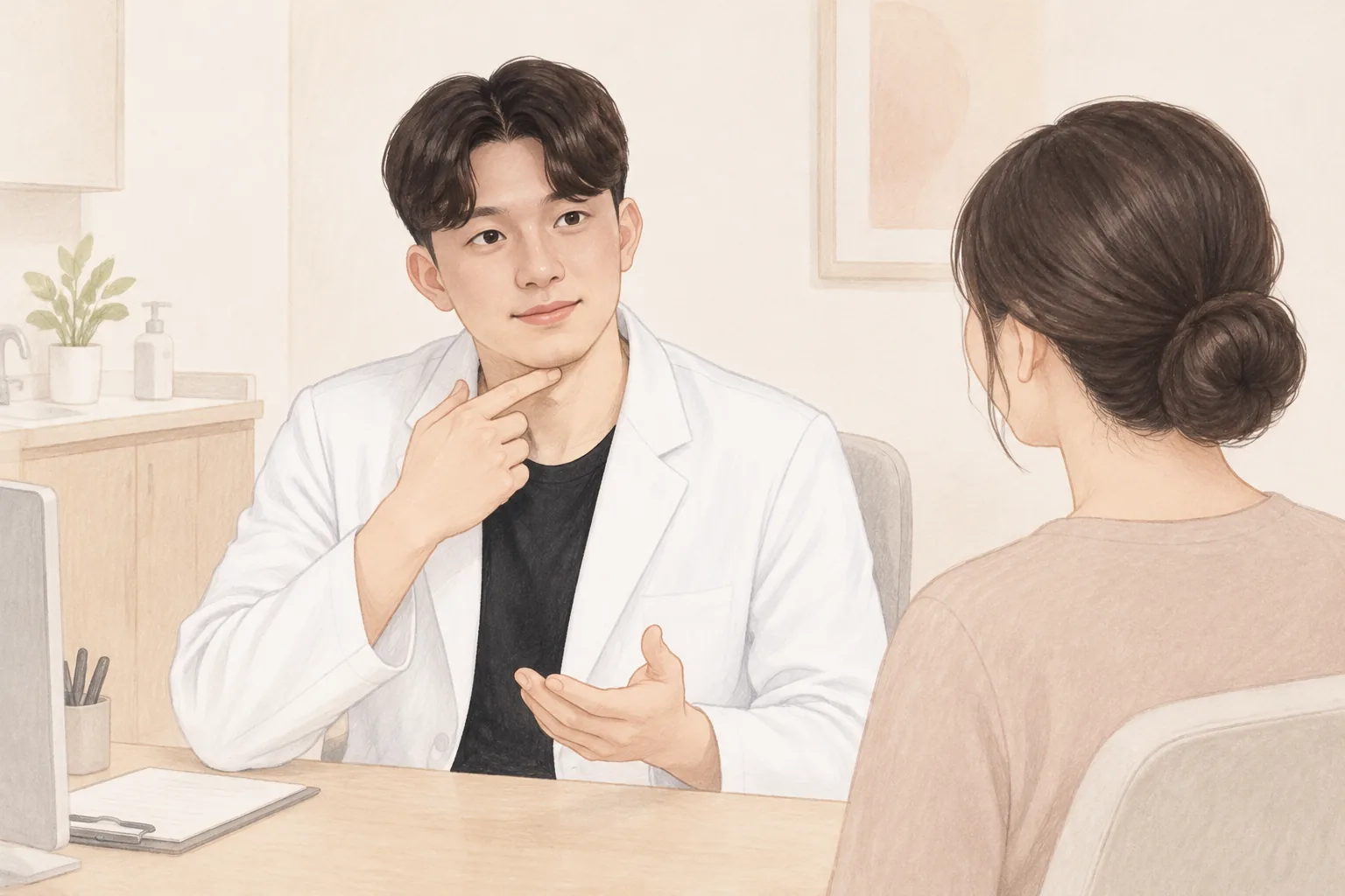 白衣の男性があごを指して女性に説明する場面