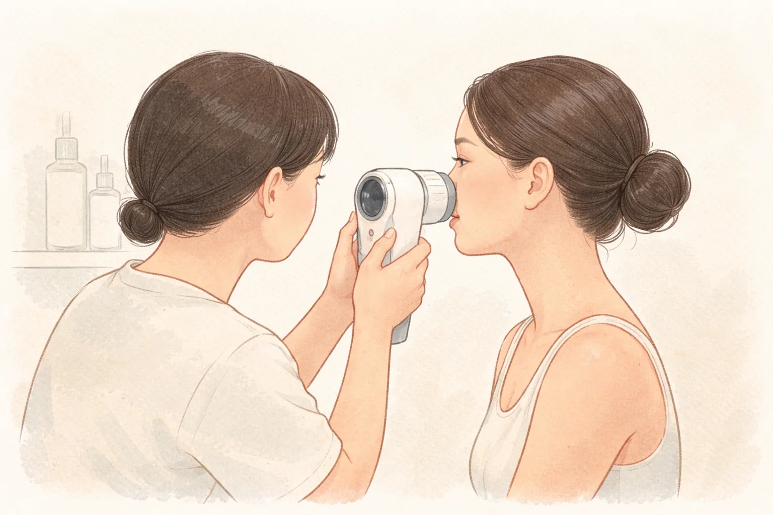 한 의료진이 여성의 볼을 피부 분석 카메라로 촬영하고 있음