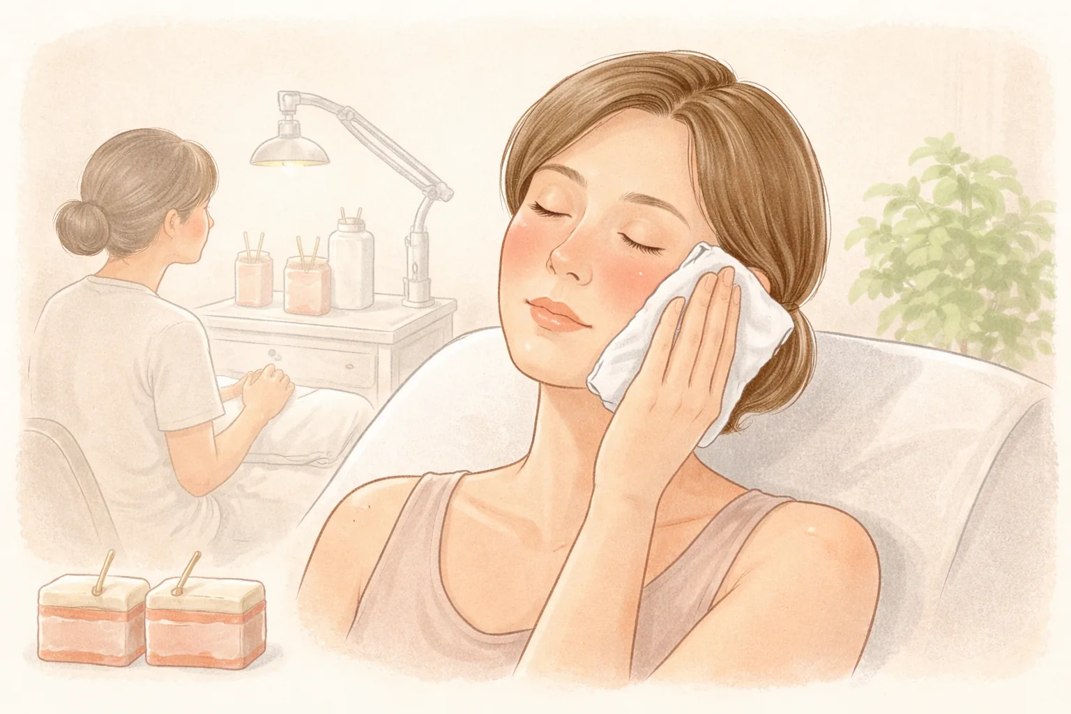 女性閉眼將布貼在臉頰上，後方另一人正在工作