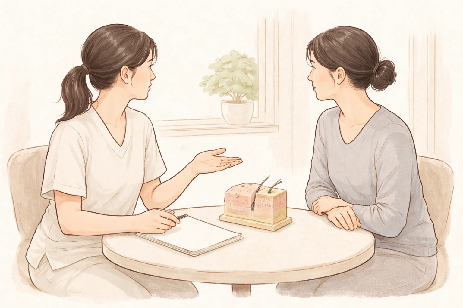 Two women at a consultation table, one explaining a skin model