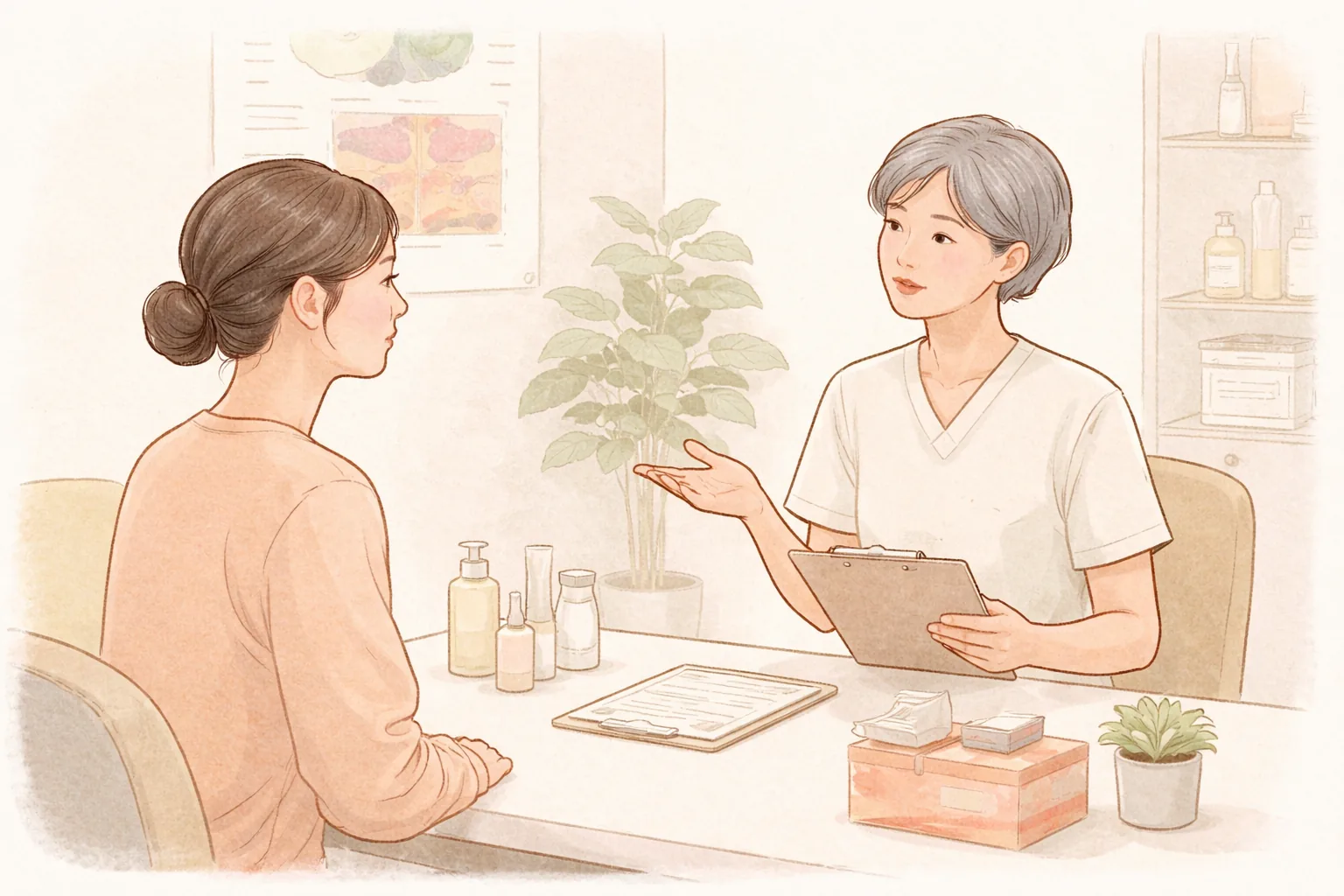 상담실에서 책상 맞은편에 앉아 이야기를 나누는 두 여성
