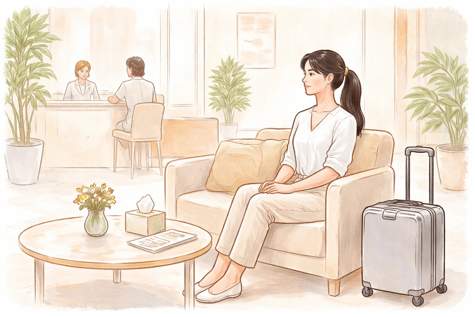 女性與小型行李箱在診所等候區沙發上,另有兩人在櫃檯與等候區