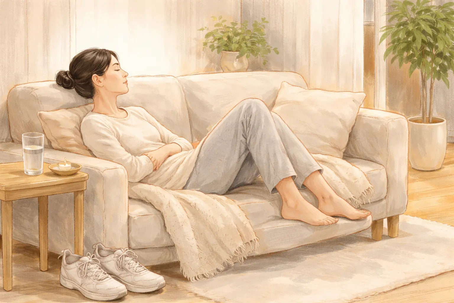 Wanita bersandar di sofa dengan mata tertutup beristirahat, dengan gelas air dan piring di meja samping