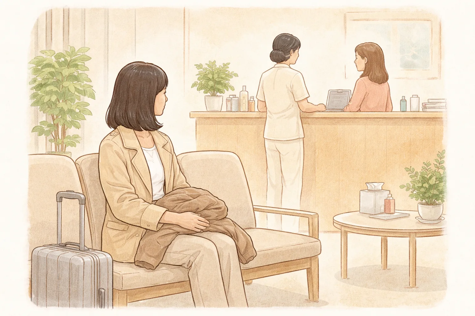 Mujer sentada junto a su maleta mirando hacia la recepción, con dos recepcionistas