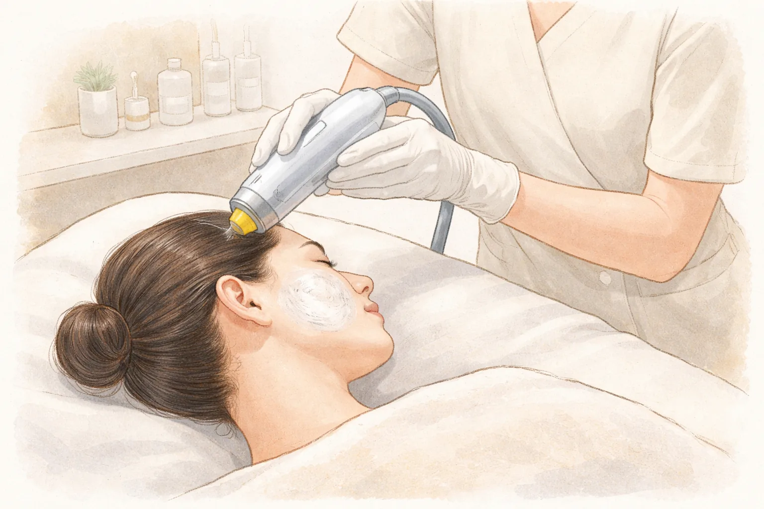 Woman with numbing cream on her cheek as a gloved hand applies a laser device to her skin