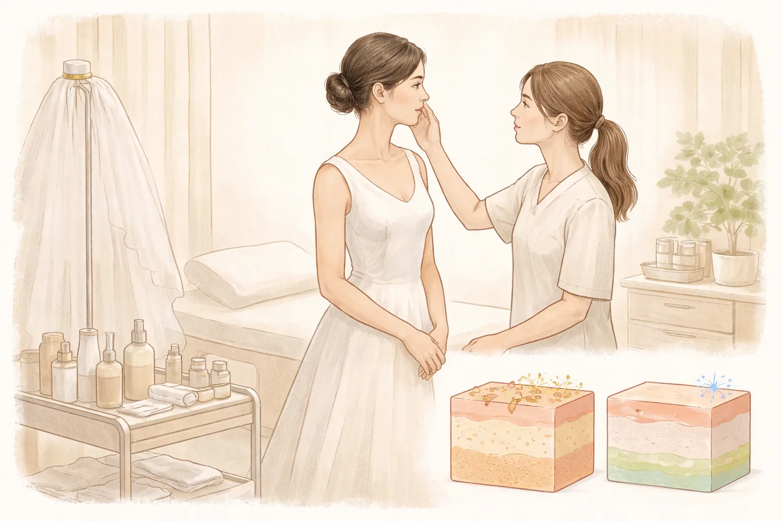 试衣间里穿白裙的女性与正在查看的女性