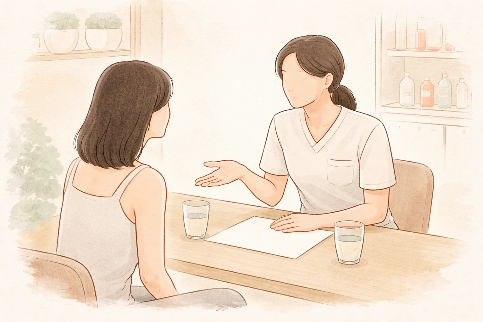 Doctor and woman talking at a table with two glasses of water