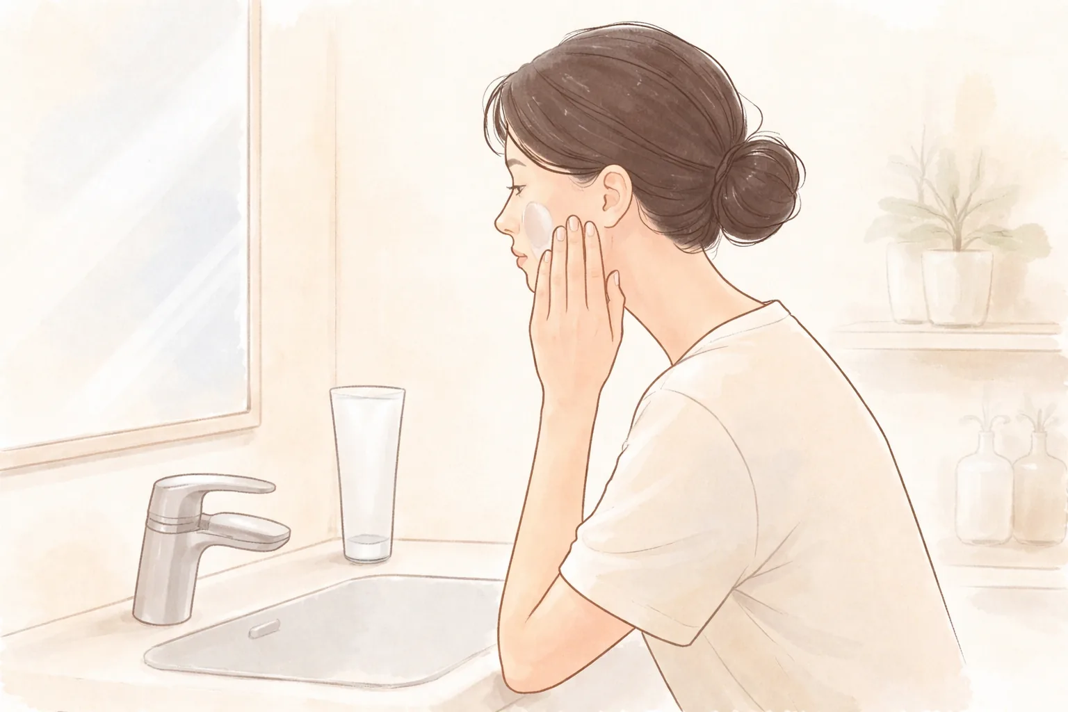 세면대 앞에서 볼에 보습제를 바르는 여성의 옆모습