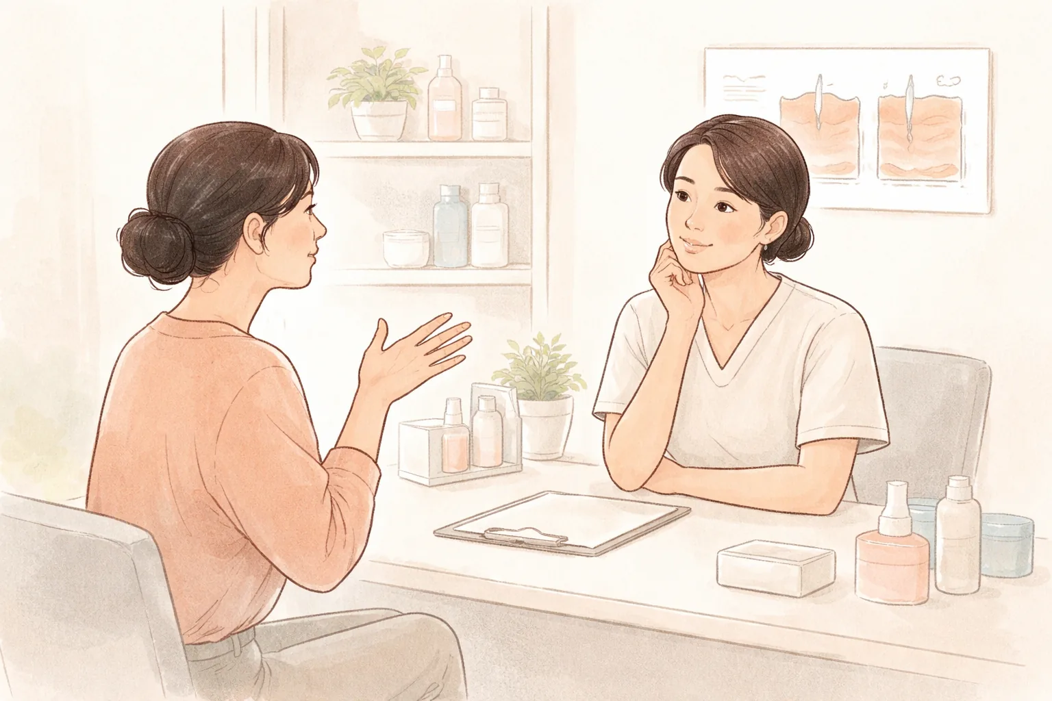 Two women talking while seated across a desk in a consultation room