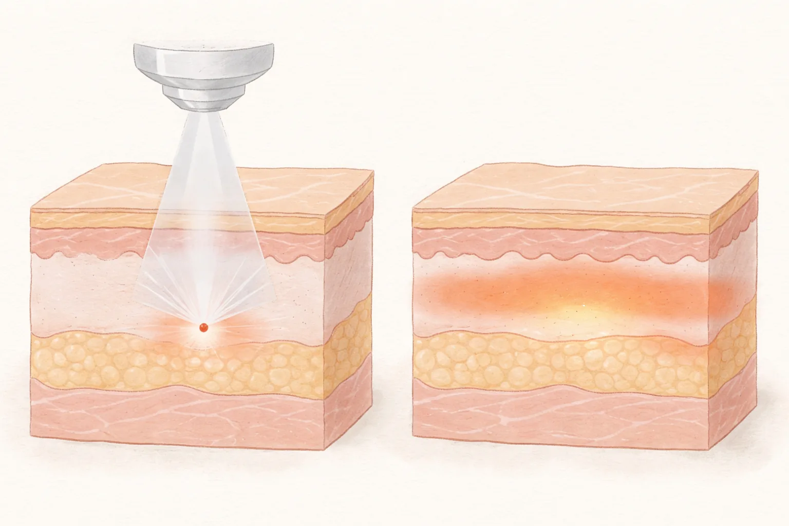 Ilustración de un punto de calor por ultrasonido concentrado y calor de radiofrecuencia extendido en un corte de piel