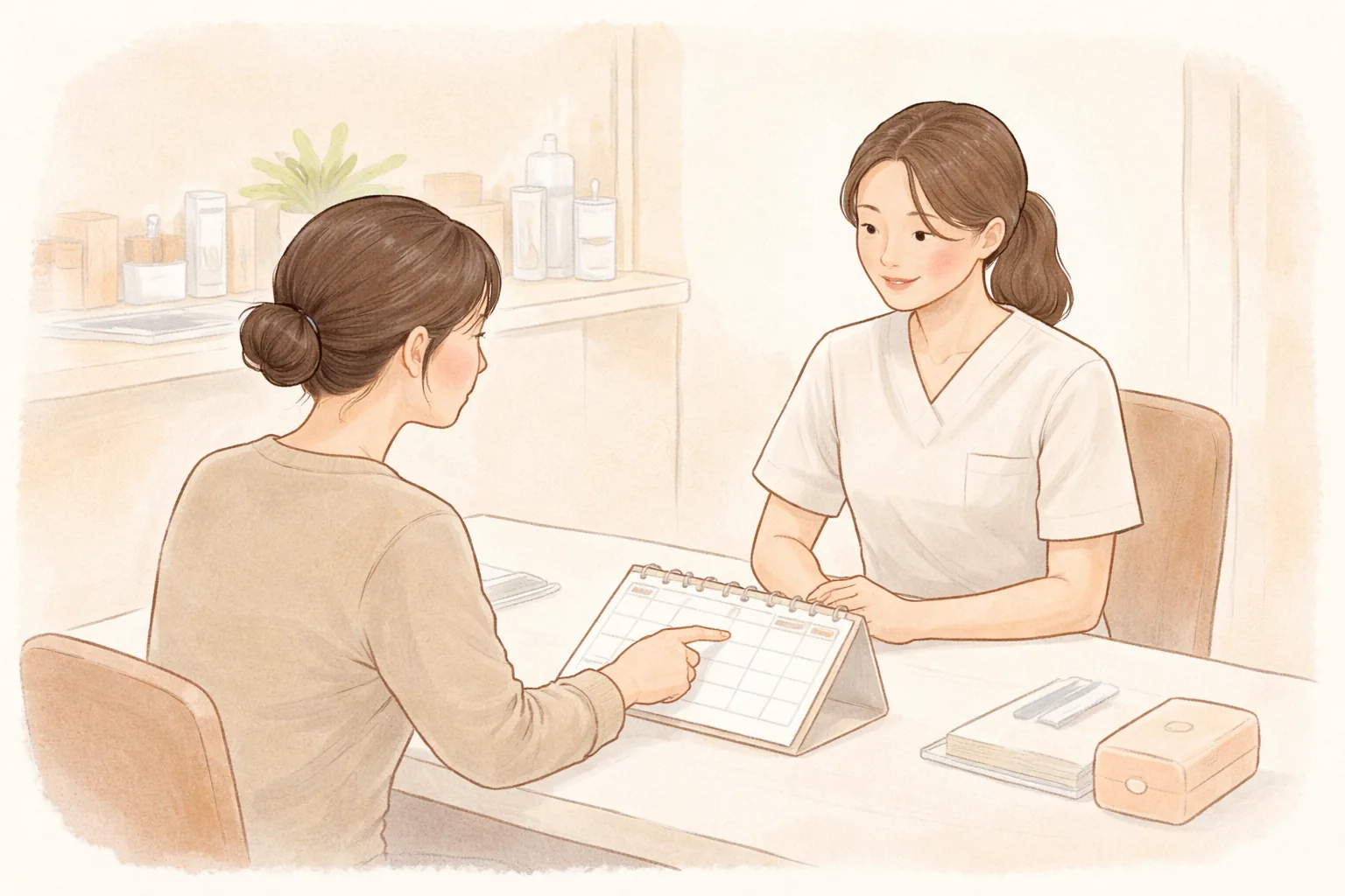 Two women at a consultation table talking and pointing at a calendar, one appearing to be a clinician