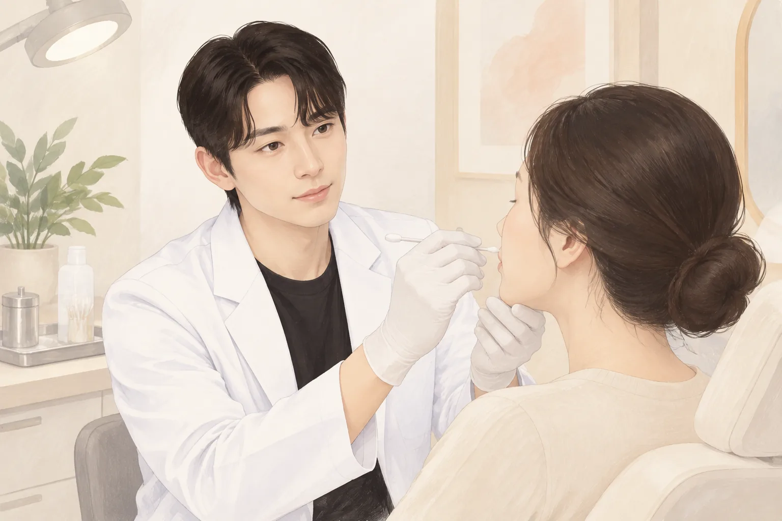 profesional con bata y guantes señalando el mentón y el labio superior de una paciente
