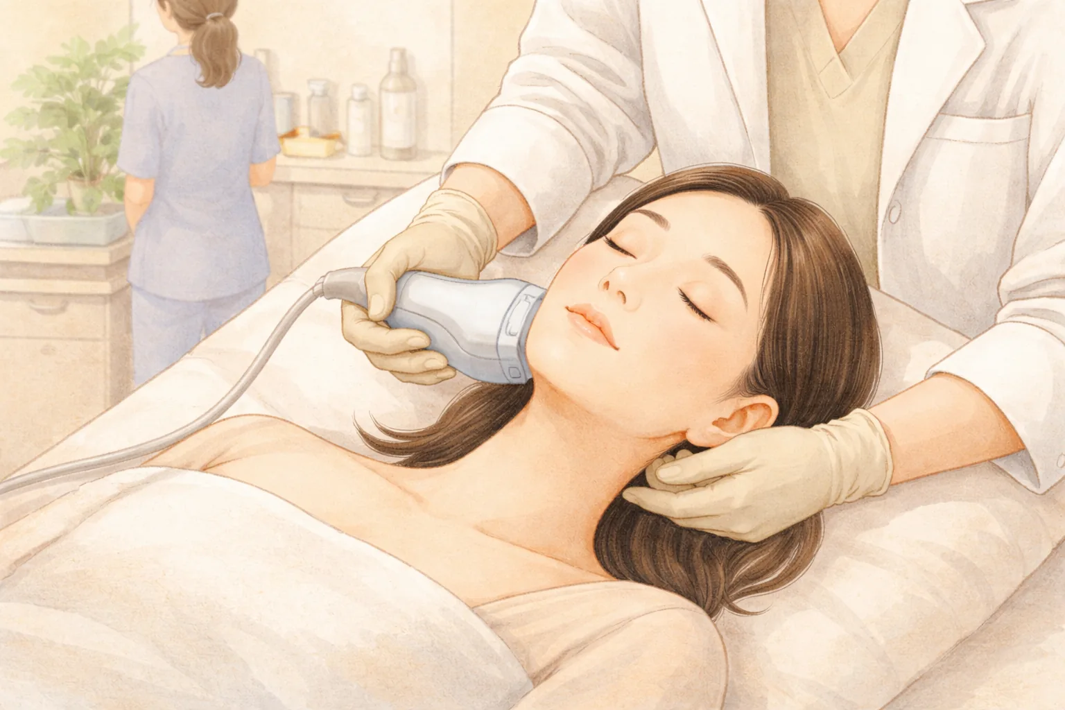 Personal médico aplicando un dispositivo de ultrasonido en el rostro de una mujer recostada