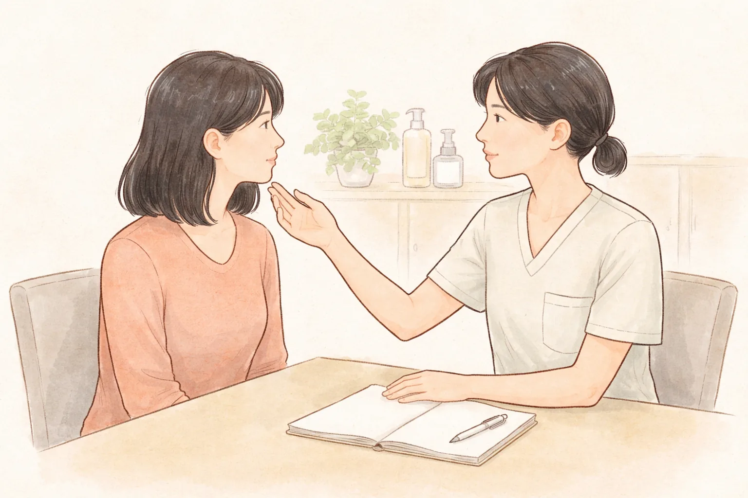 Two women seated facing each other at a table, one pointing to the other's cheek during consultation