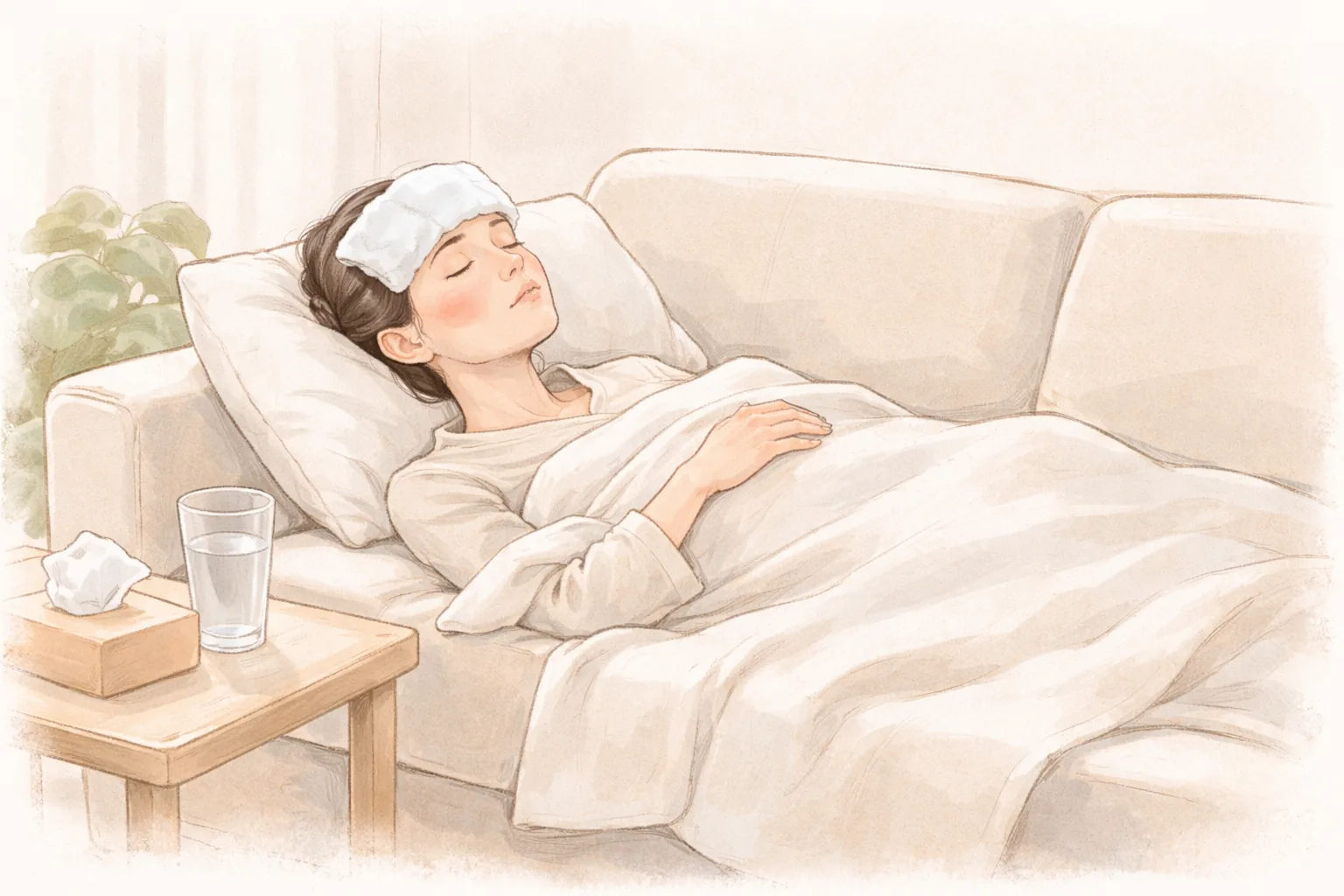 Woman lying on a sofa with a towel on her forehead, water glass and tissue box on a side table