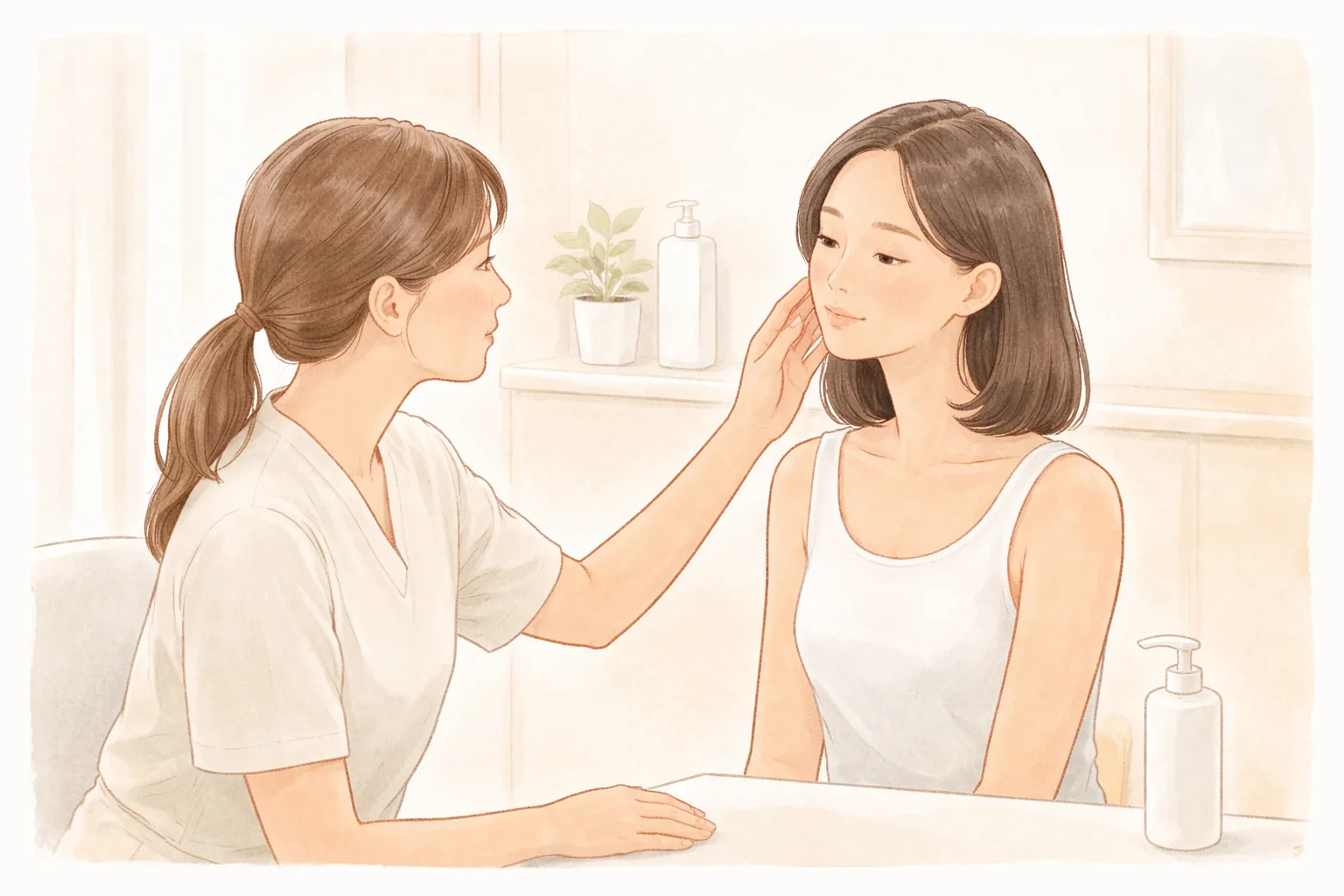 Doctor touching a woman's face to check her skin in a bright room