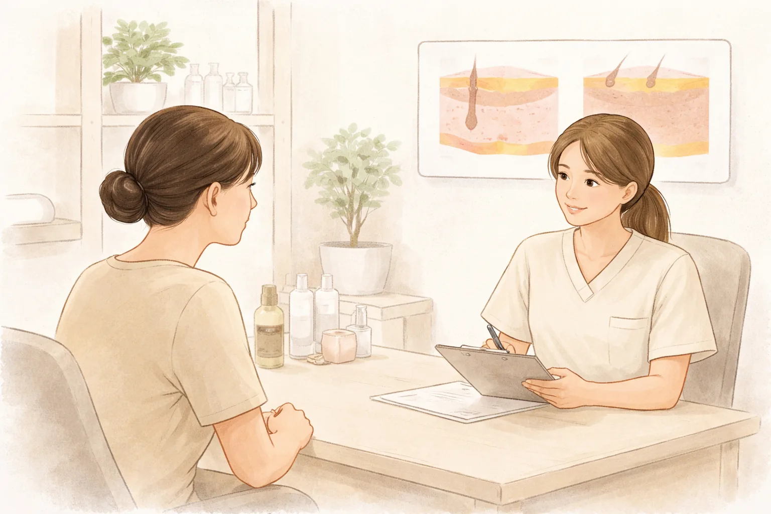 Dos mujeres conversando frente a frente en una sala de consulta luminosa