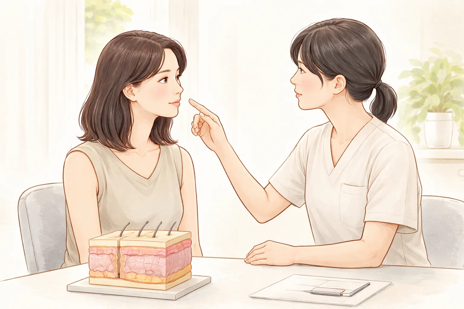 Clinician explaining while pointing to a woman's cheek in a consultation room