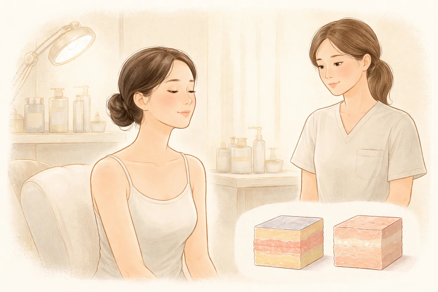 연한 홍조가 있는 여성과 의료진이 병원에서 상호작용하는 모습