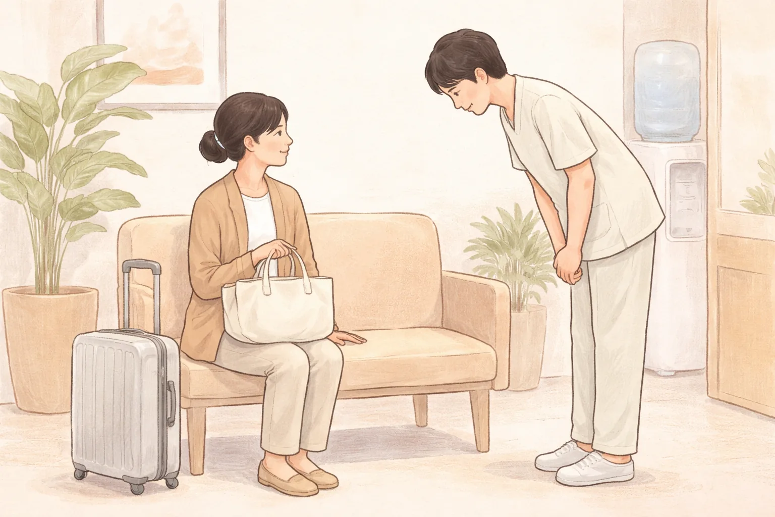 Woman with a bag seated by a small suitcase as a staff member greets her