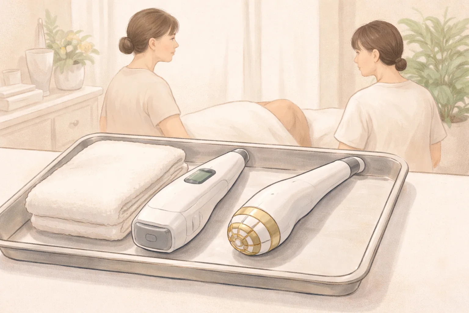 트레이 위에 두 개의 피부 시술용 기기와 수건 두 개, 배경에 두 사람이 앉아 있음