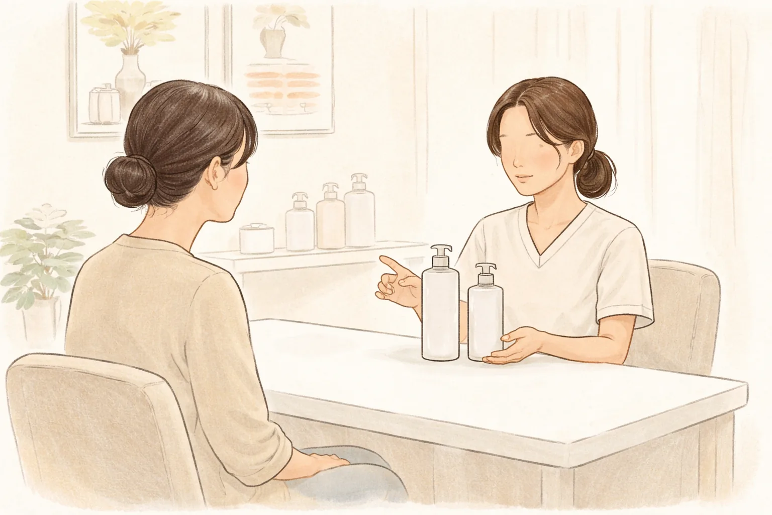 밝은 상담실에서 의료진과 마주 앉아 대화하는 두 여성