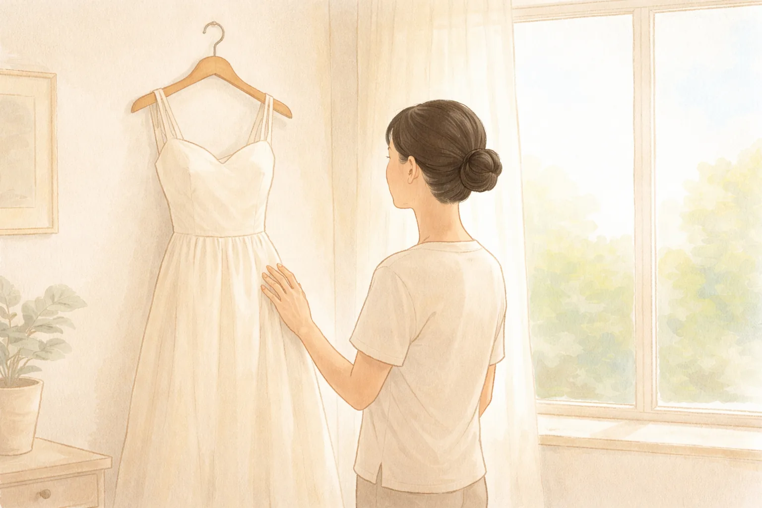 女性が窓辺に掛かったドレスを手で触りながら立っている様子