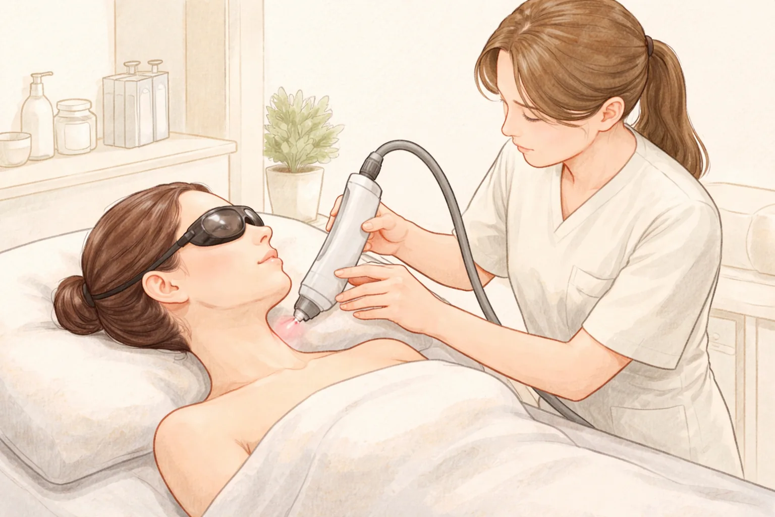 Mujer recostada con gafas protectoras y personal médico usando un equipo láser