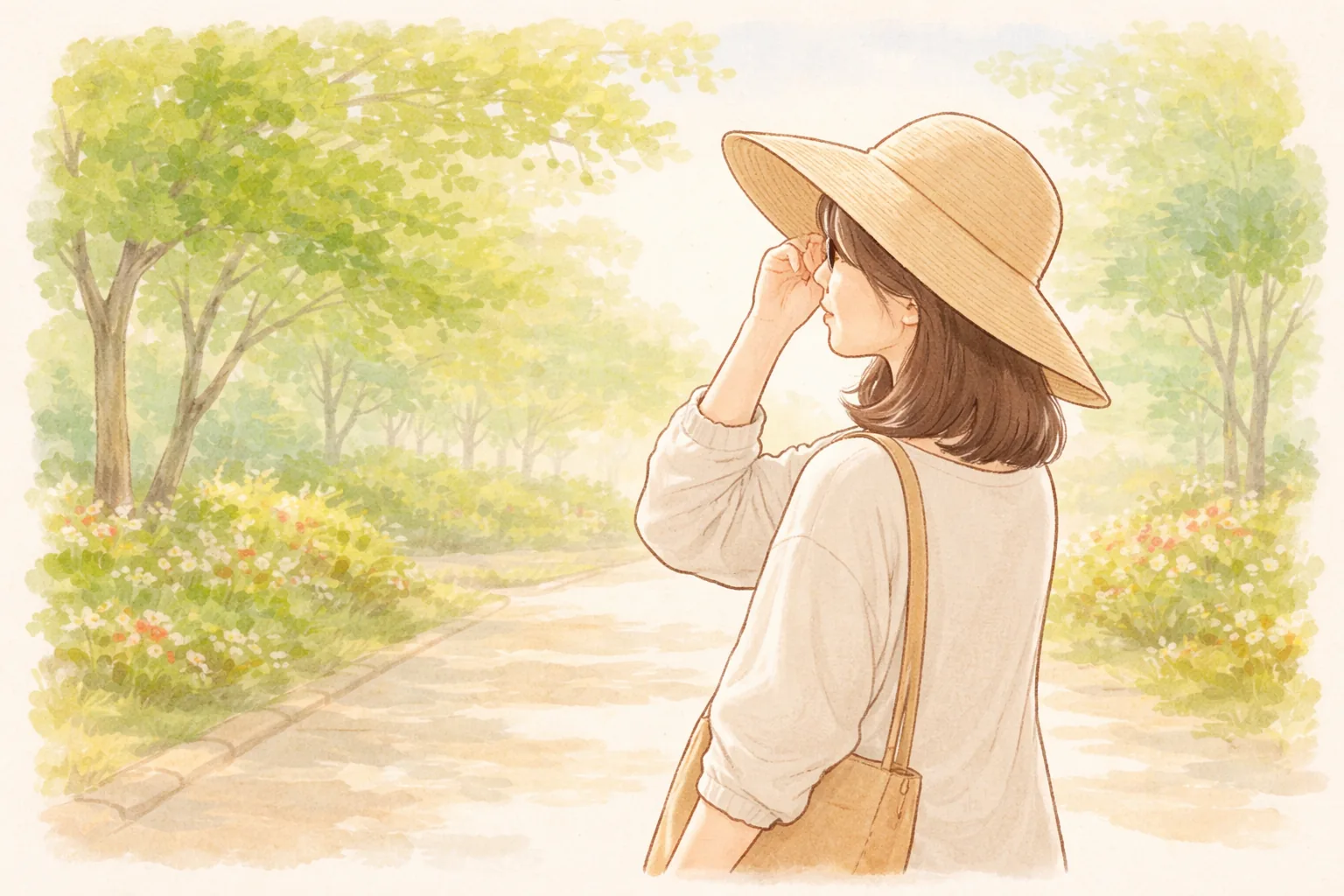 Mujer con sombrero de ala ancha y manga larga caminando al aire libre