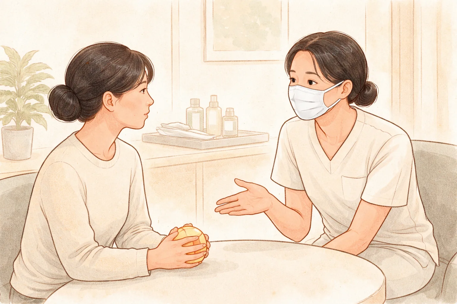 小さなボールを握る女性とマスク姿のスタッフが会話している