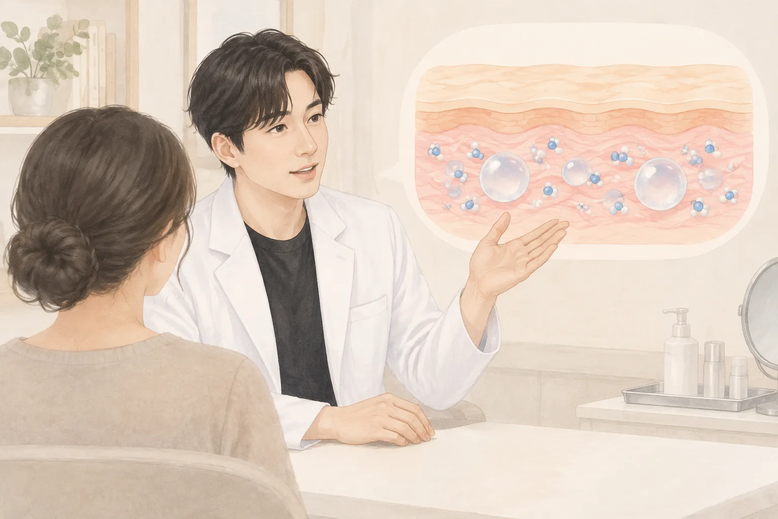 男性向女性展示皮肤截面图中的水分成分