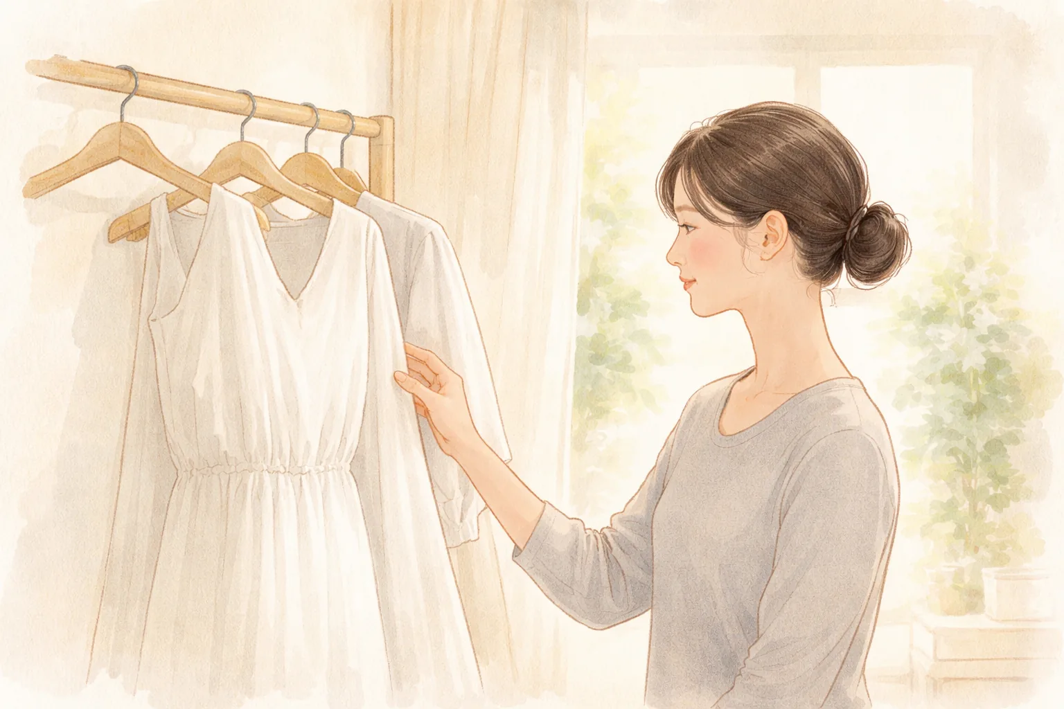 Mujer mirando un vestido blanco colgado en una habitación luminosa