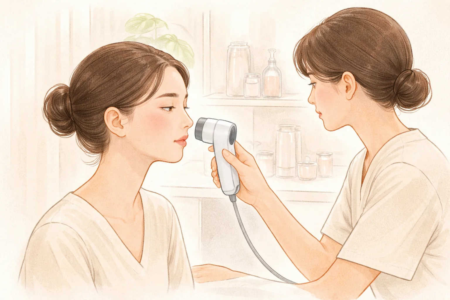 皮膚分析カメラで女性の頬を検査する医療スタッフと検査を受ける女性
