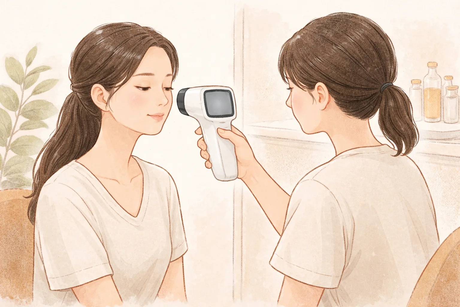 한 명이 앉아 있고, 다른 한 명이 피부 분석 카메라를 여성의 뺨 앞에 대고 있음