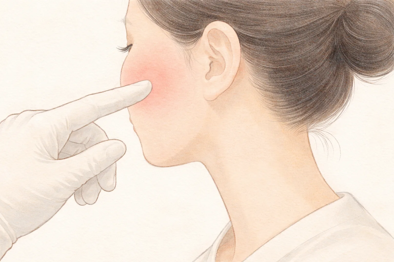 Woman in profile as a gloved hand holds fingers close to her nose