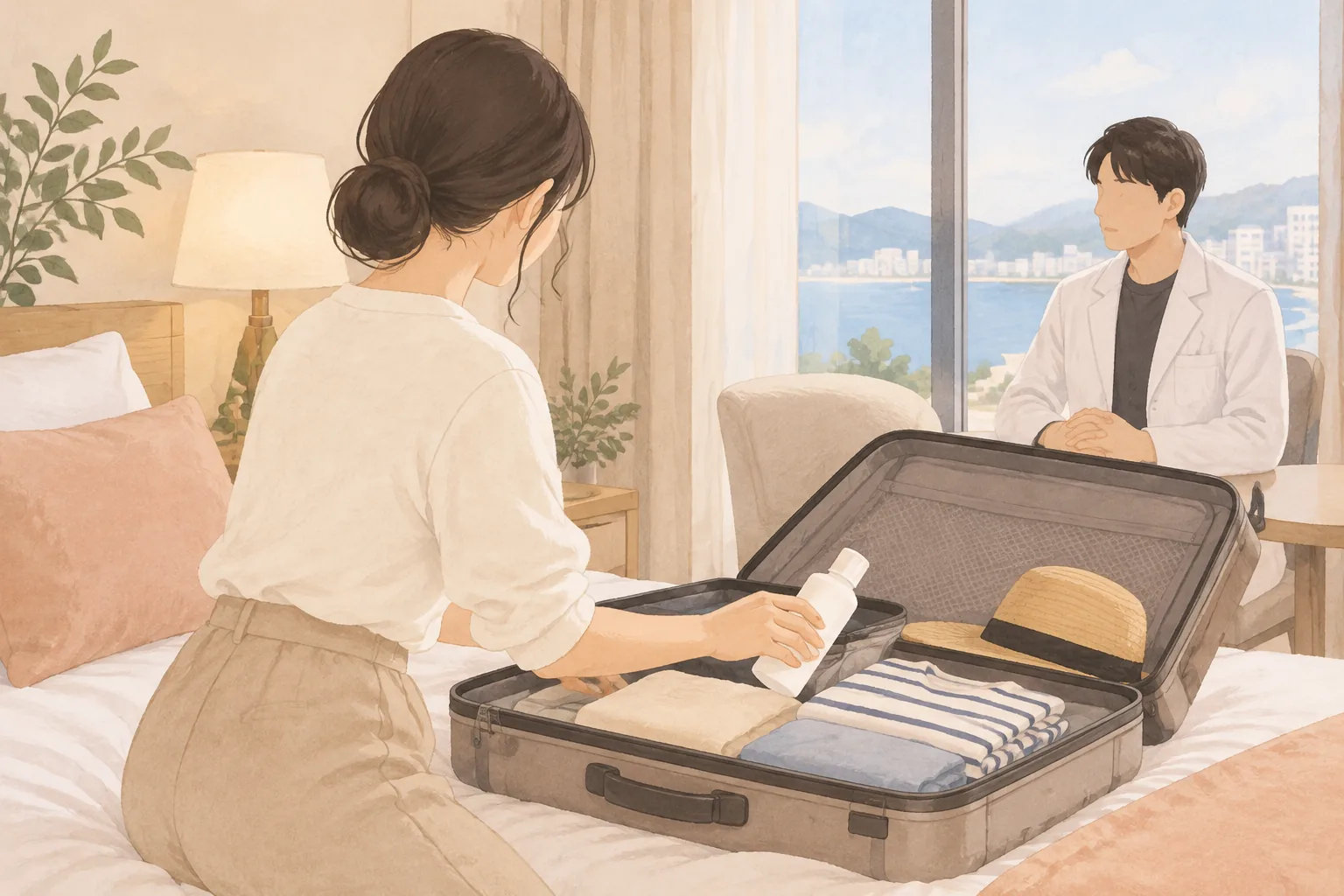여성이 침대에 앉아 여행 가방에 옷과 모자를 정리하며 액체 용기를 넣는 모습과 창가에 앉아 있는 남성
