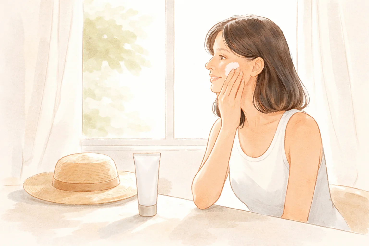 창가에 앉아 얼굴에 크림을 바르는 여성과 탁자 위에 모자와 튜브가 놓여 있음