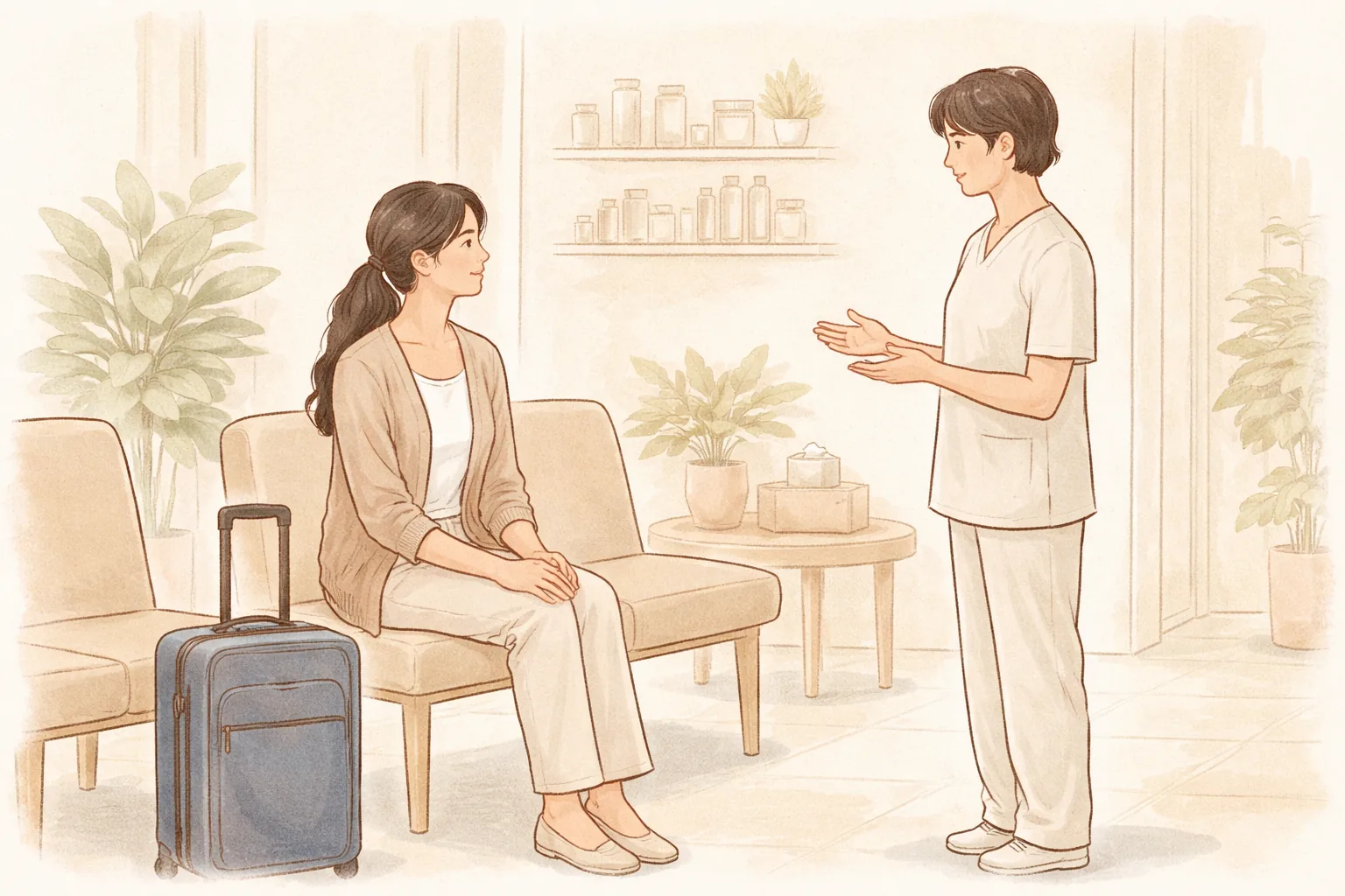 대기실에서 캐리어 옆에 앉아 의료진과 대화하는 여성과 의료진