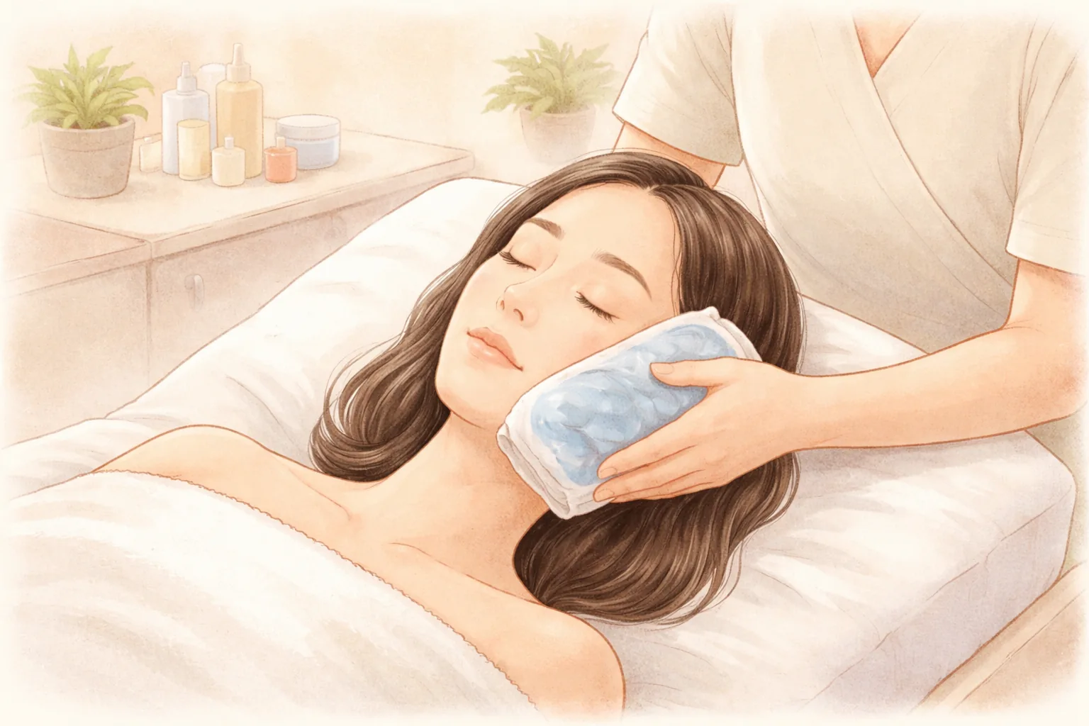 一名女性躺在床上閉眼,臉頰敷著冰敷袋