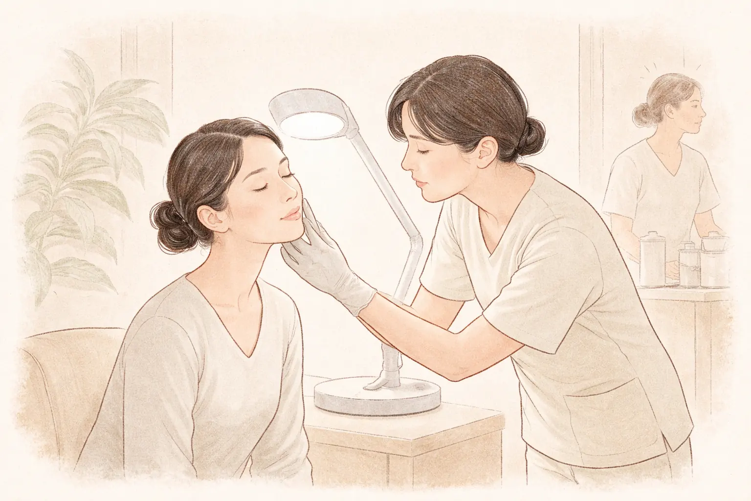 医療スタッフが照明の下で女性の頬を確認している様子