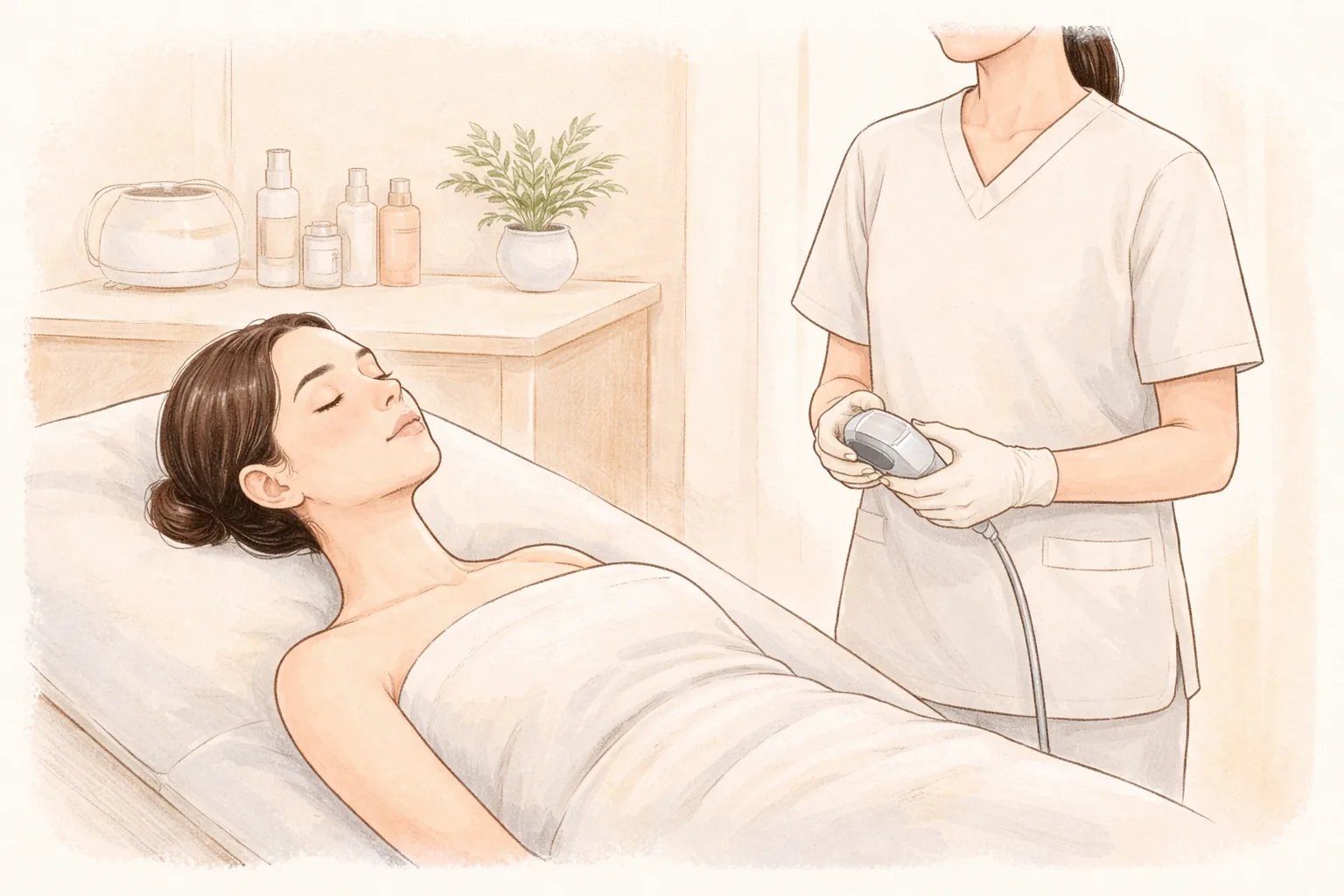 Wanita berbaring di tempat tidur dengan mata tertutup dan dokter berdiri di sampingnya
