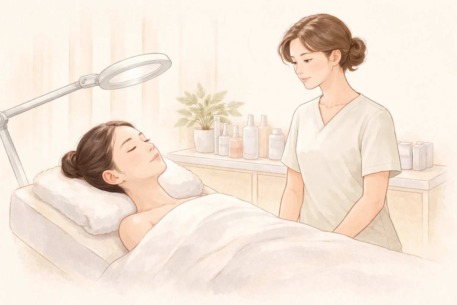 躺在治疗床上闭着眼睛的女性与一旁观察的医护人员