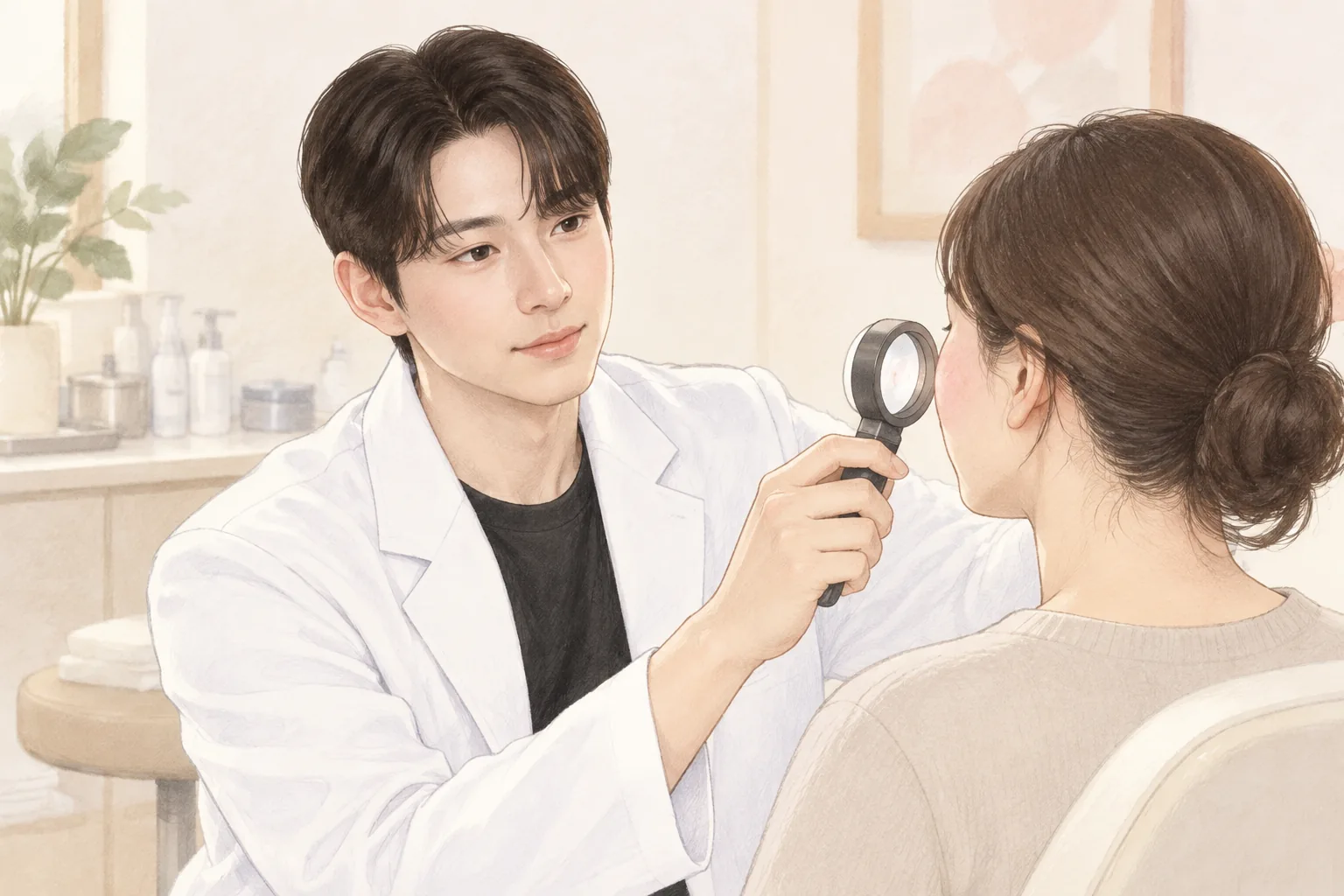 男医生用放大镜查看女患者泛红的脸颊
