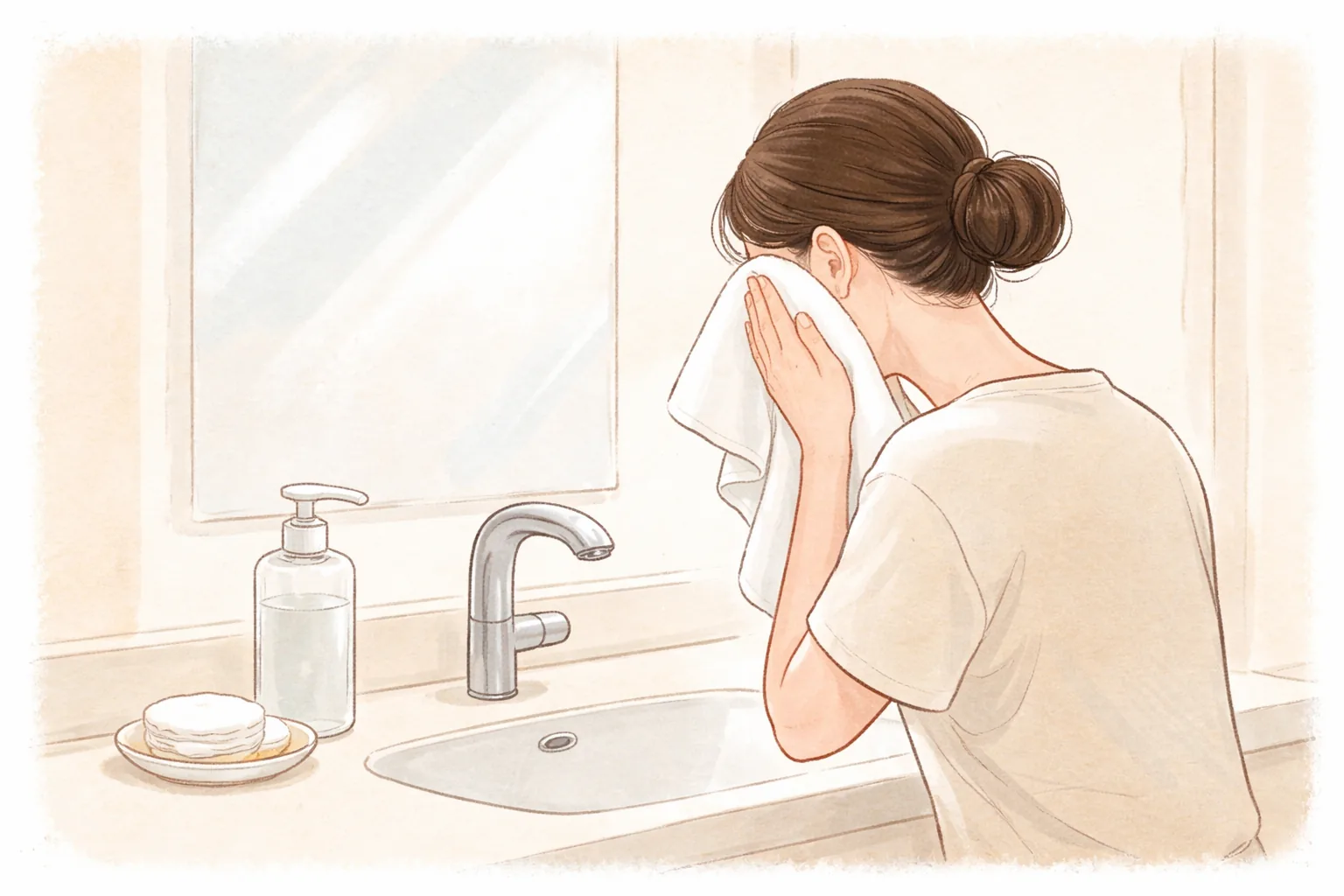 Woman with tied-back hair drying her face with a towel at a sink