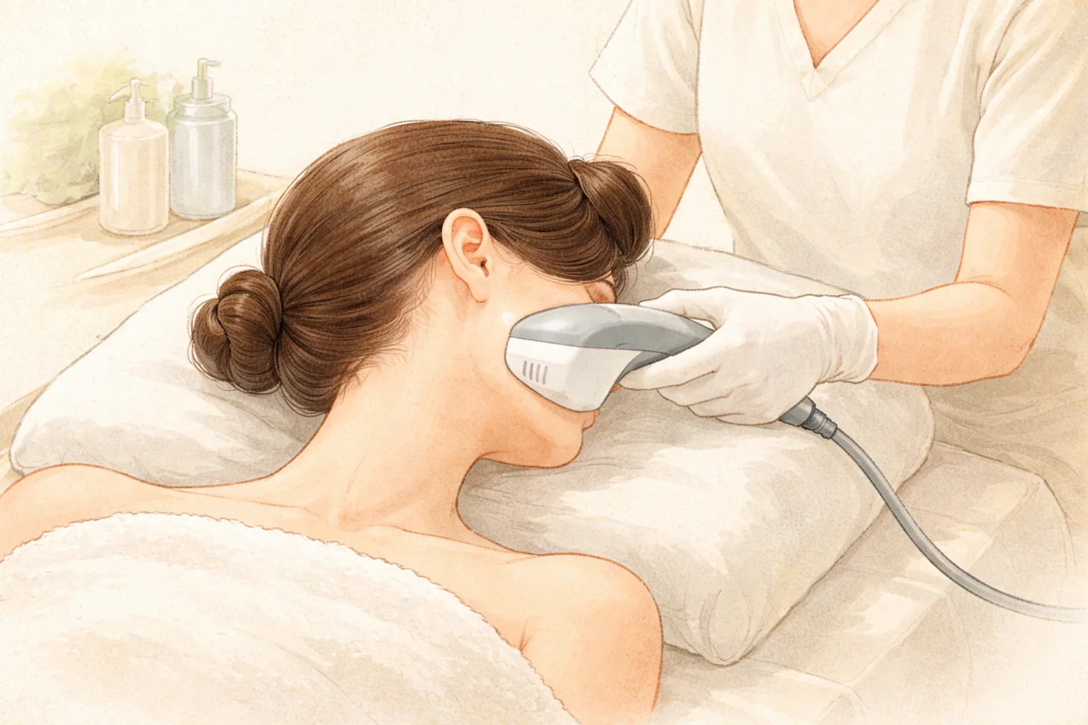 Tangan bersarung tangan menempelkan alat ultrasound ke pipi wanita yang berbaring dengan mata tertutup