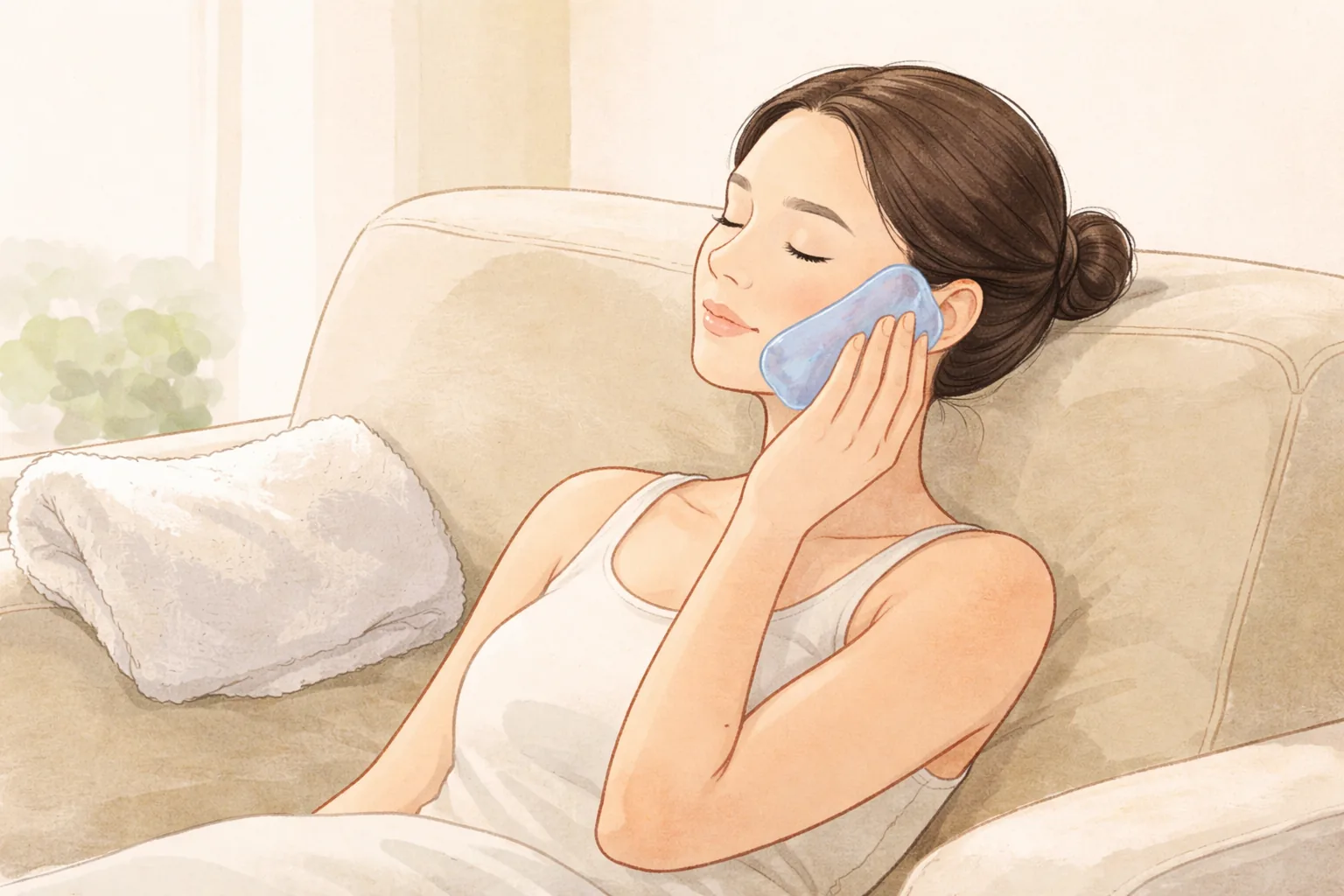 Una mujer recostada en un sofá con una mascarilla de gel frío en el rostro