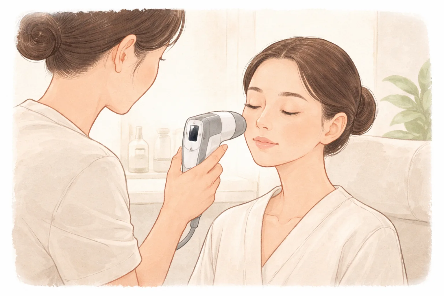 Clinician photographing a woman's cheek with a skin analysis camera